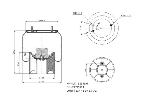 Пневмоподушка ROR 38608/1T17DJ7 з пласт. стаканом